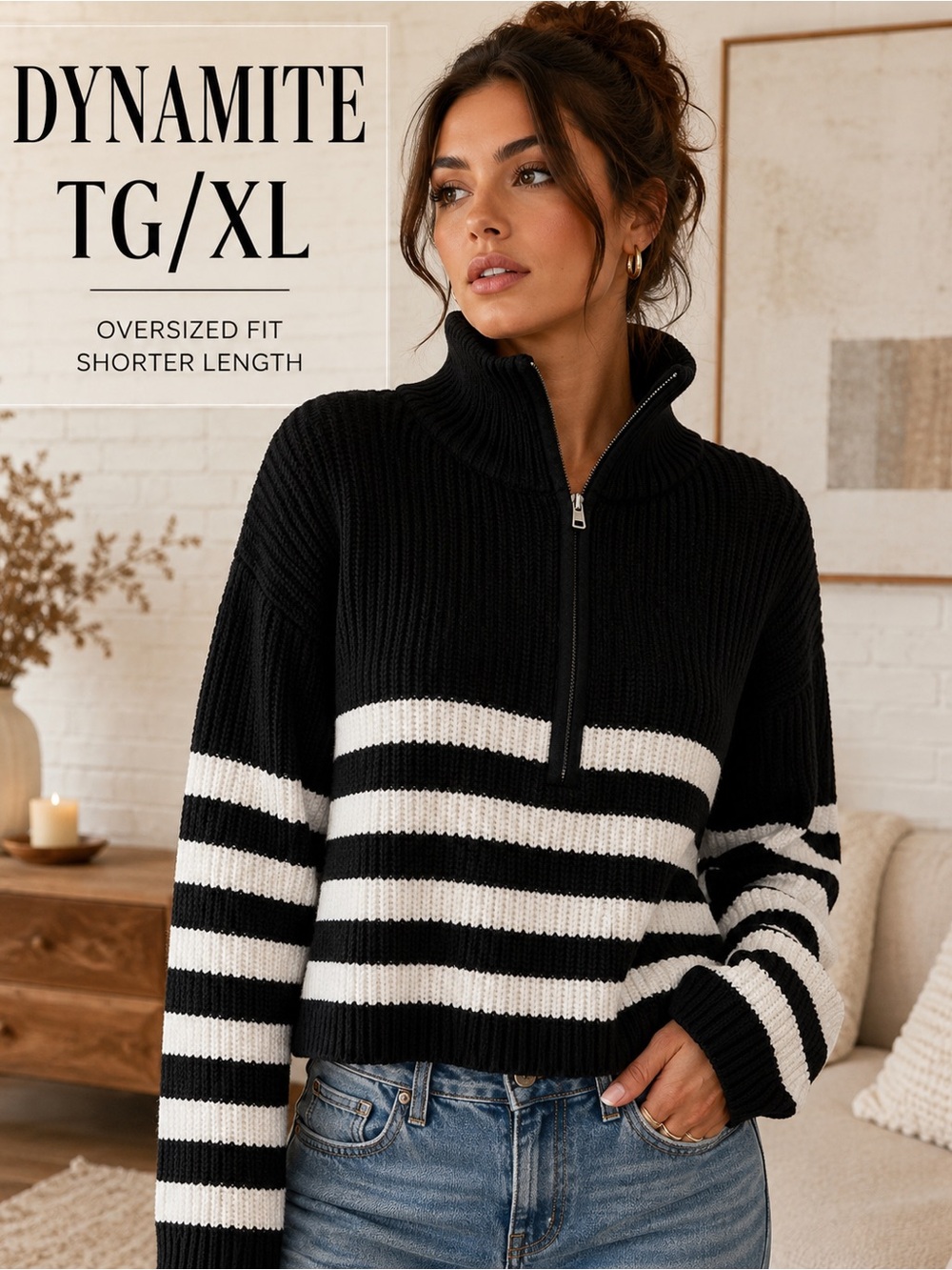 Dynamite XL Black White Striped Oversized Half Zip Chunky Knit Sweater